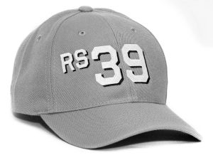 6 panel wool blend cap in gray with block font with drop shadow rs39