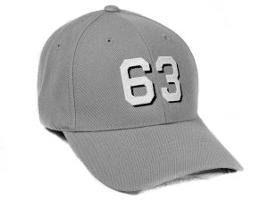 6 panel wool blend cap in gray with block font with drop shadow hull number 63