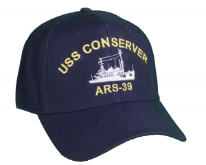 High quality wool blend 6-panel ball cap, navy blue with gold embroidery for USS Conserver